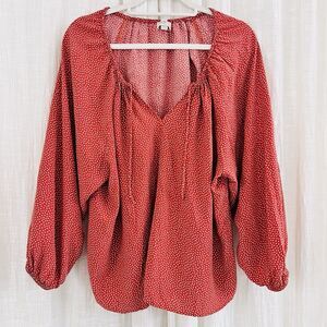 Ann Taylor LOFT Burnt Orange & White Polka Dot Peasant Style Blouse Boho XL